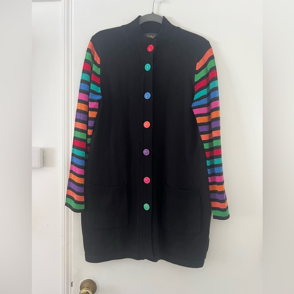 Bob Mackie Wearable Art black cardigan striped sleeves colorful buttons M (W124)